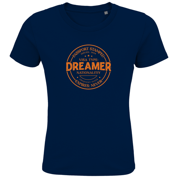 Kinder TShirts mit DREAMER (Pass Stempel) Print in orange. Stoff-Farbe: Navy. Fernweh zum Anziehen? travelPrint4U.de