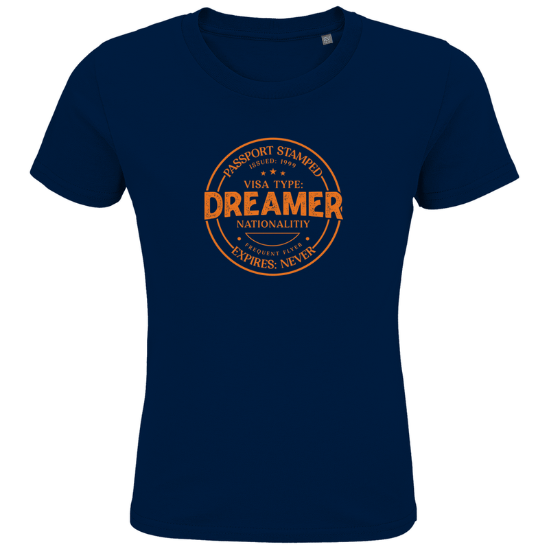 Kinder TShirts mit DREAMER (Pass Stempel) Print in orange. Stoff-Farbe: Navy. Fernweh zum Anziehen? travelPrint4U.de