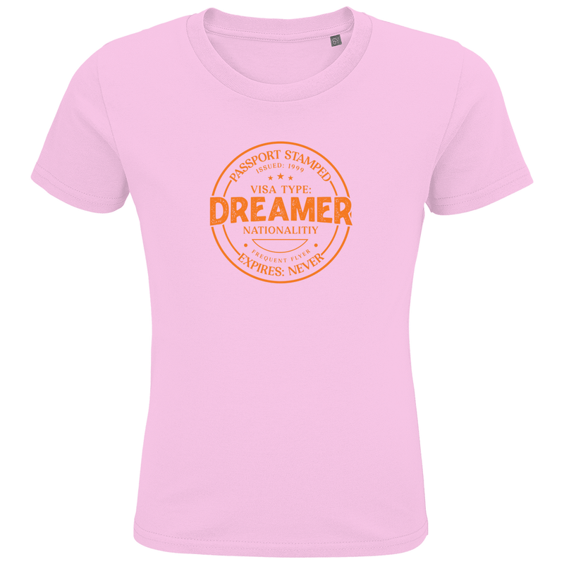 Kinder TShirts mit DREAMER (Pass Stempel) Print in orange. Stoff-Farbe: Pale Pink. Fernweh zum Anziehen? travelPrint4U.de