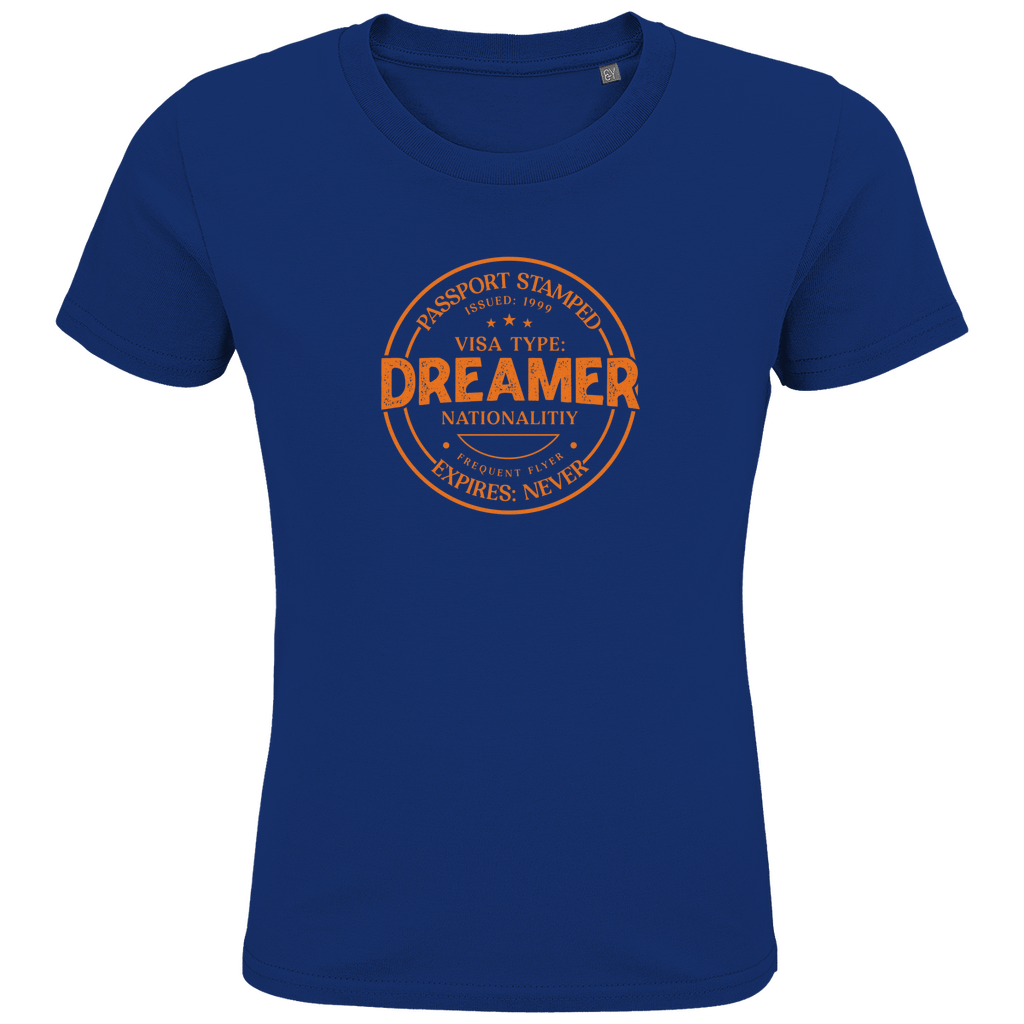 Kinder TShirts mit DREAMER (Pass Stempel) Print in orange. Stoff-Farbe: Royal Blue. Fernweh zum Anziehen? travelPrint4U.de