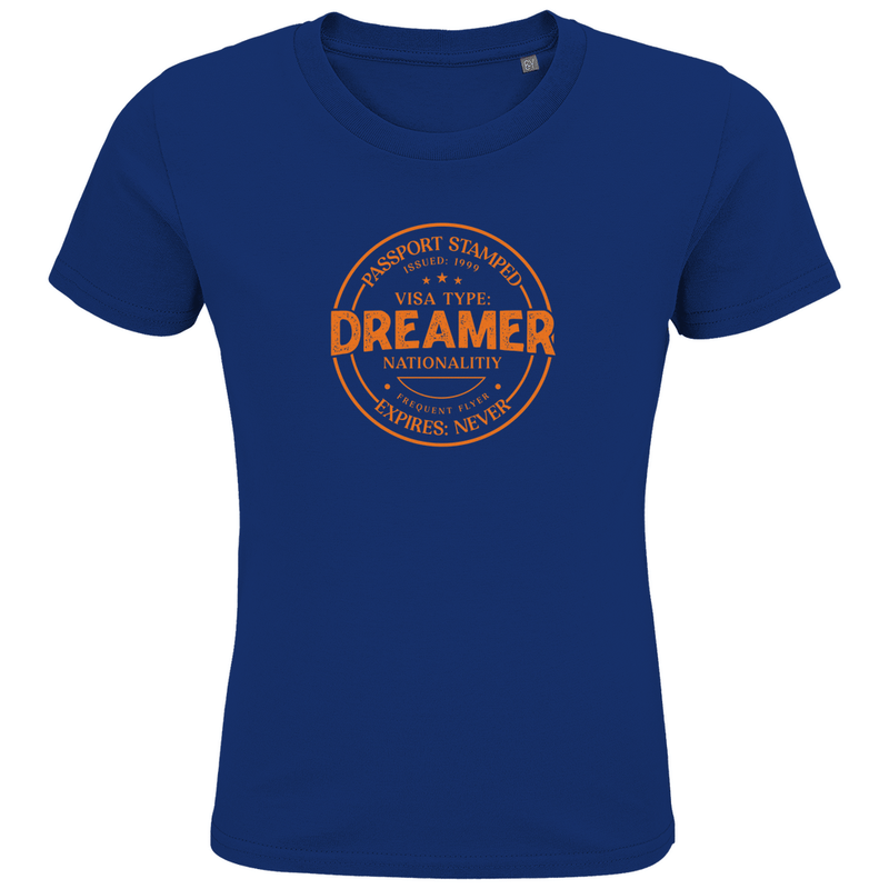 Kinder TShirts mit DREAMER (Pass Stempel) Print in orange. Stoff-Farbe: Royal Blue. Fernweh zum Anziehen? travelPrint4U.de