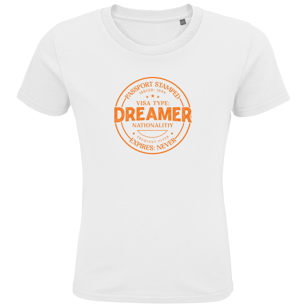 Kinder TShirts mit DREAMER (Pass Stempel) Print in orange. Stoff-Farbe: White. Fernweh zum Anziehen? travelPrint4U.de