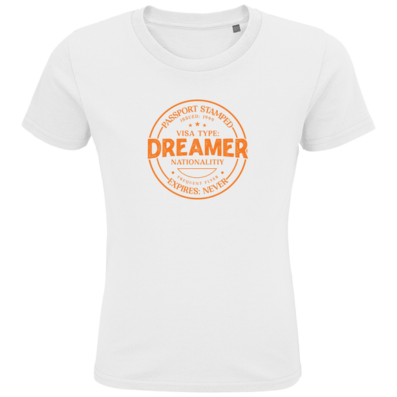 Kinder TShirts mit DREAMER (Pass Stempel) Print in orange. Stoff-Farbe: White. Fernweh zum Anziehen? travelPrint4U.de