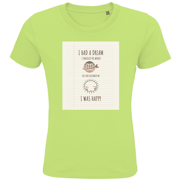 Hellgrünes Kinder T-Shirt mit Print in linierter Heftoptik. Text mit Weltkugel und Sonnen-Icon sowie Designname.