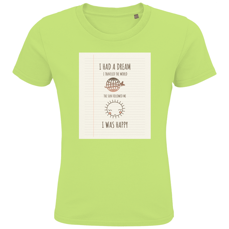 Hellgrünes Kinder T-Shirt mit Print in linierter Heftoptik. Text mit Weltkugel und Sonnen-Icon sowie Designname.