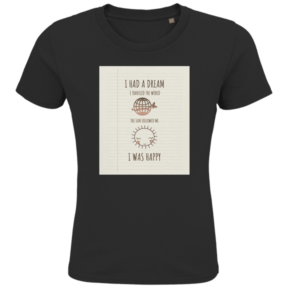 Schwarzes Kinder T-Shirt mit Print in linierter Heftoptik. Text mit Weltkugel und Sonnen-Icon sowie Designname.