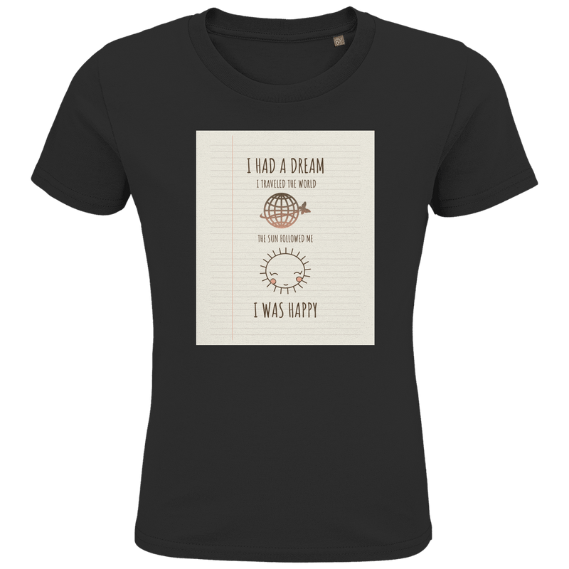 Schwarzes Kinder T-Shirt mit Print in linierter Heftoptik. Text mit Weltkugel und Sonnen-Icon sowie Designname.
