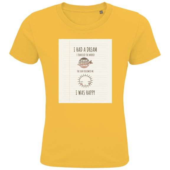 Sonnengelbes Kinder T-Shirt mit Print in linierter Heftoptik. Text mit Weltkugel und Sonnen-Icon sowie Designname.