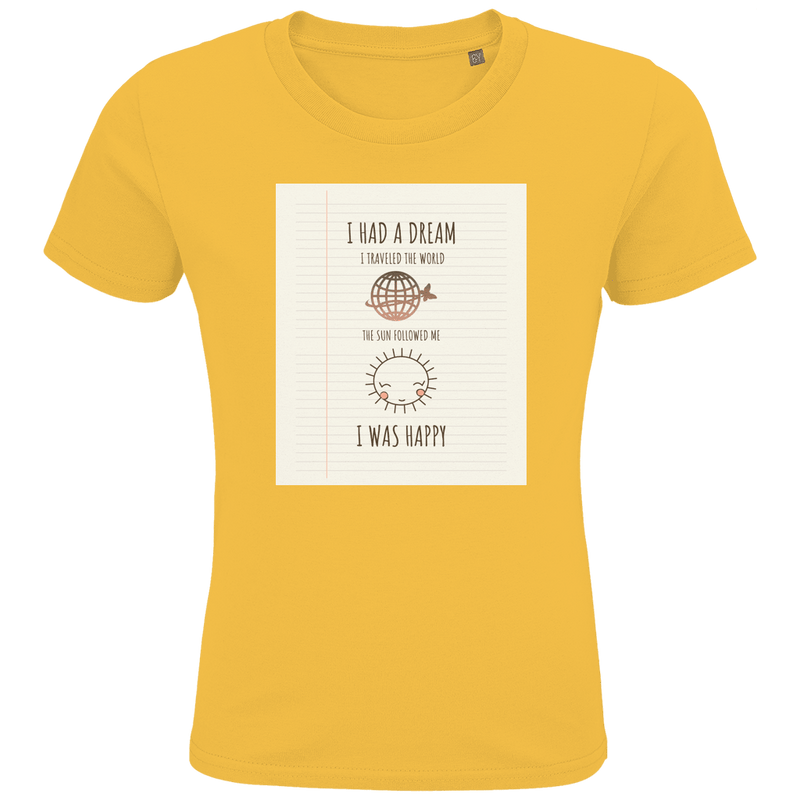 Sonnengelbes Kinder T-Shirt mit Print in linierter Heftoptik. Text mit Weltkugel und Sonnen-Icon sowie Designname.
