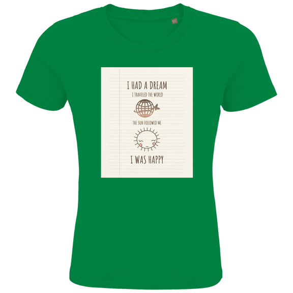 Leuchtend grünes Kinder T-Shirt mit Print in linierter Heftoptik. Text mit Weltkugel und Sonnen-Icon sowie Designname.