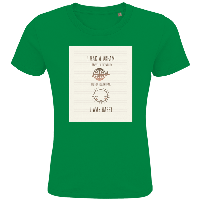 Leuchtend grünes Kinder T-Shirt mit Print in linierter Heftoptik. Text mit Weltkugel und Sonnen-Icon sowie Designname.