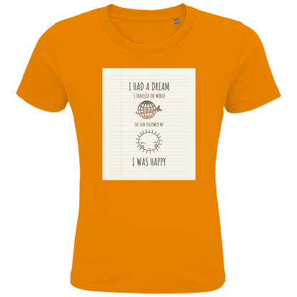 Orangefarbenes Kinder T-Shirt mit Print in linierter Heftoptik. Text mit Weltkugel und Sonnen-Icon sowie Designname.