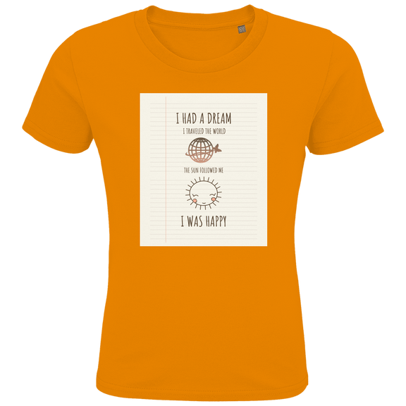 Orangefarbenes Kinder T-Shirt mit Print in linierter Heftoptik. Text mit Weltkugel und Sonnen-Icon sowie Designname.