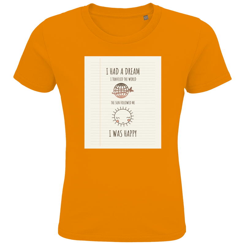 Orangefarbenes Kinder T-Shirt mit Print in linierter Heftoptik. Text mit Weltkugel und Sonnen-Icon sowie Designname.