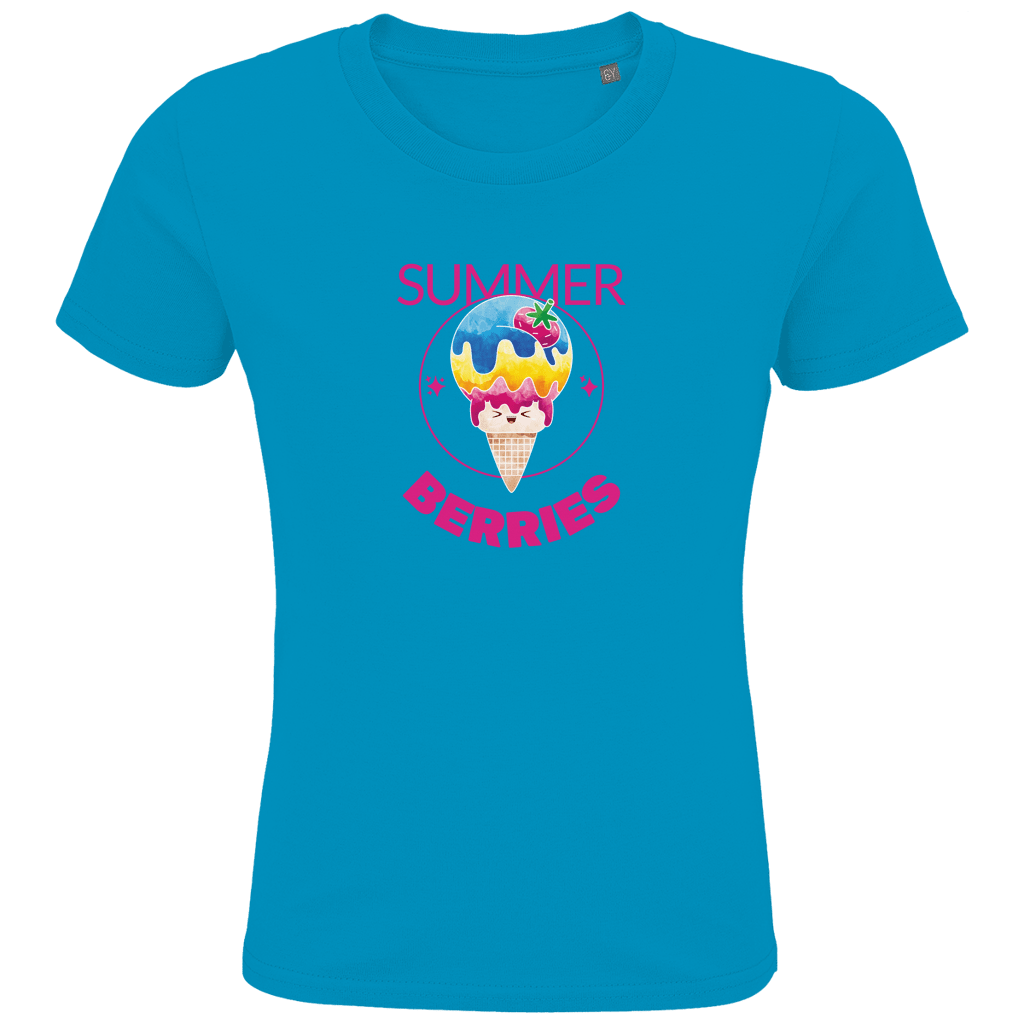 Eine Tüte Eis mit rosa, gelber und blauer Eiscreme und einer Erdbeere als Topping. Drum herum ein dünner Kreis mit Sternen.