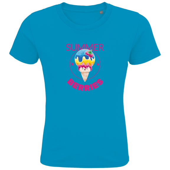 Eine Tüte Eis mit rosa, gelber und blauer Eiscreme und einer Erdbeere als Topping. Drum herum ein dünner Kreis mit Sternen.