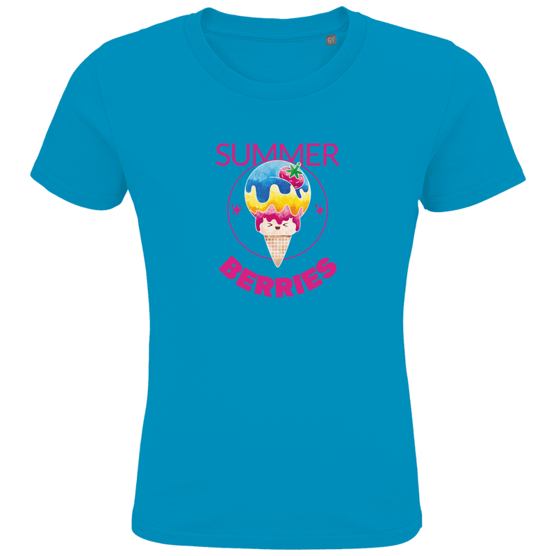 Eine Tüte Eis mit rosa, gelber und blauer Eiscreme und einer Erdbeere als Topping. Drum herum ein dünner Kreis mit Sternen.