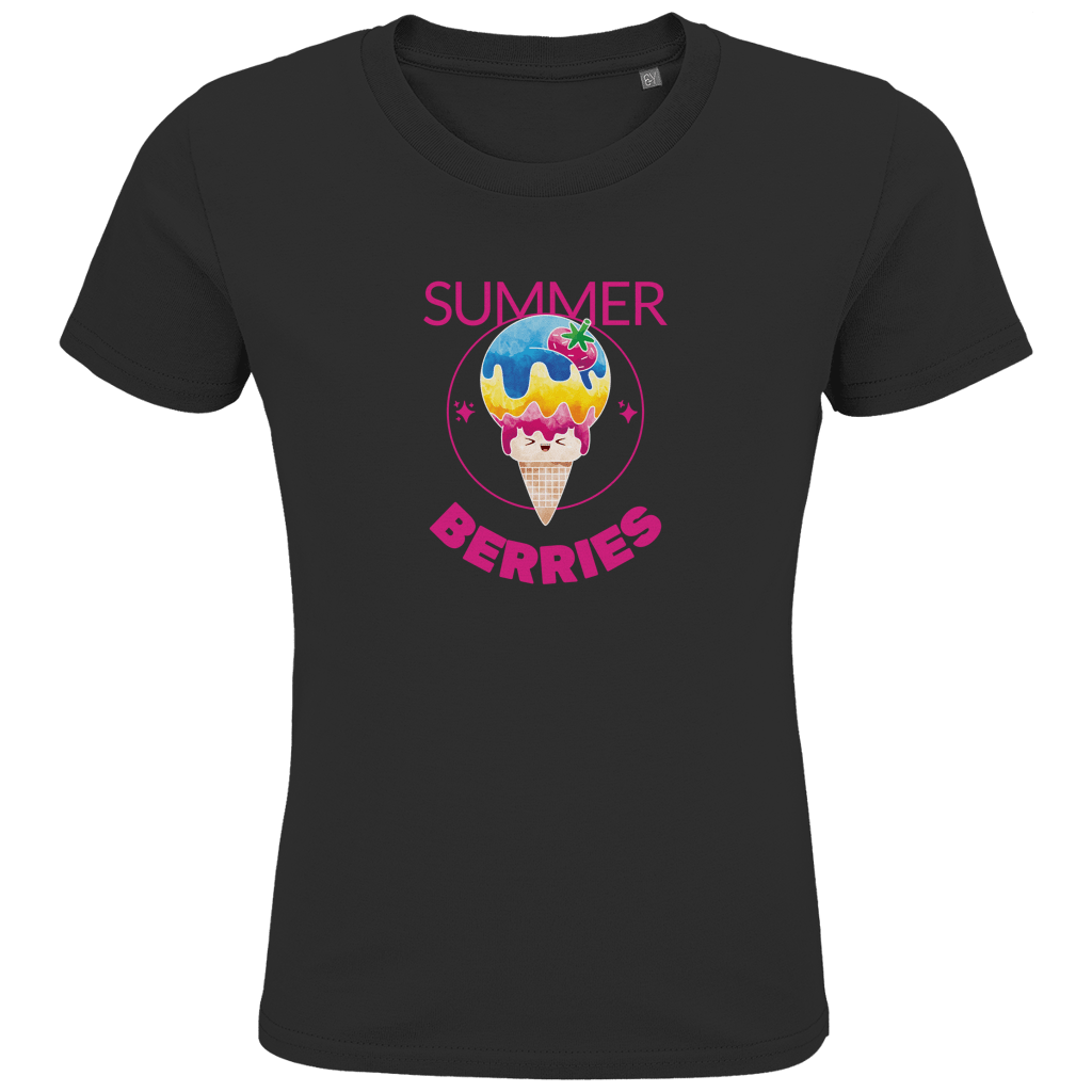 Eine Tüte Eis mit rosa, gelber und blauer Eiscreme und einer Erdbeere als Topping. Drum herum ein dünner Kreis mit Sternen.