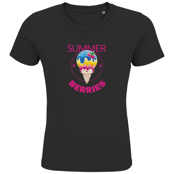 Eine Tüte Eis mit rosa, gelber und blauer Eiscreme und einer Erdbeere als Topping. Drum herum ein dünner Kreis mit Sternen.