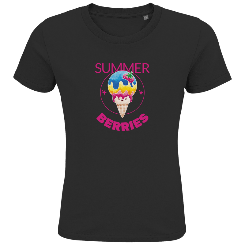 Eine Tüte Eis mit rosa, gelber und blauer Eiscreme und einer Erdbeere als Topping. Drum herum ein dünner Kreis mit Sternen.