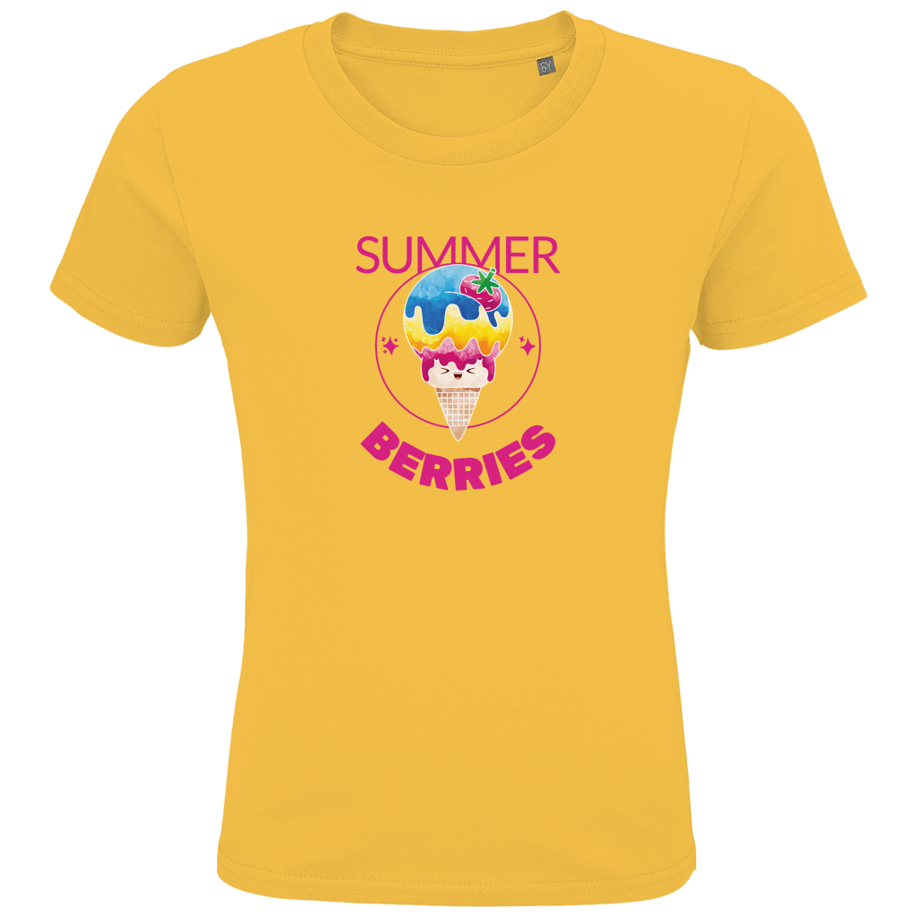 Eine Tüte Eis mit rosa, gelber und blauer Eiscreme und einer Erdbeere als Topping. Drum herum ein dünner Kreis mit Sternen.