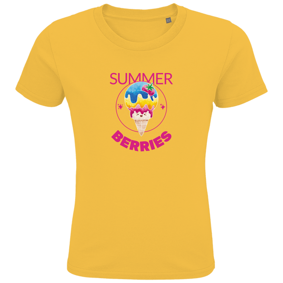 Eine Tüte Eis mit rosa, gelber und blauer Eiscreme und einer Erdbeere als Topping. Drum herum ein dünner Kreis mit Sternen.