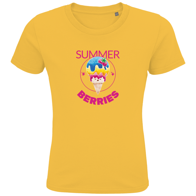 Eine Tüte Eis mit rosa, gelber und blauer Eiscreme und einer Erdbeere als Topping. Drum herum ein dünner Kreis mit Sternen.