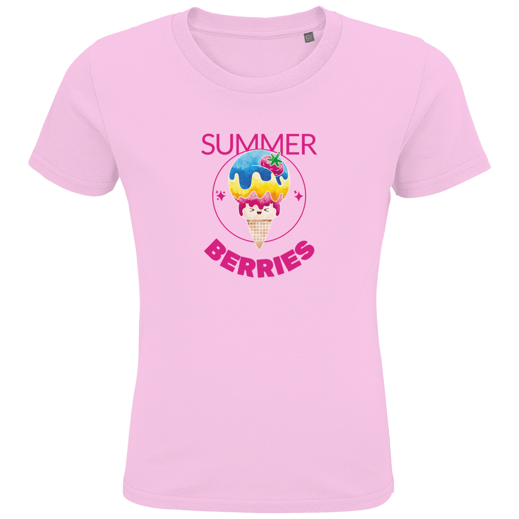 Eine Tüte Eis mit rosa, gelber und blauer Eiscreme und einer Erdbeere als Topping. Drum herum ein dünner Kreis mit Sternen.