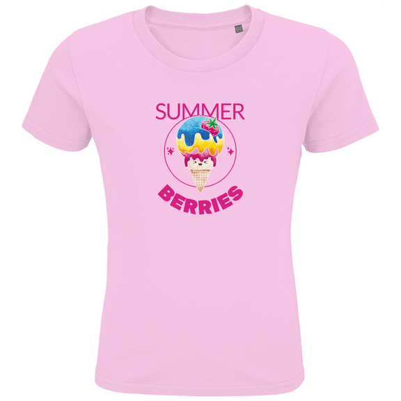 Eine Tüte Eis mit rosa, gelber und blauer Eiscreme und einer Erdbeere als Topping. Drum herum ein dünner Kreis mit Sternen.