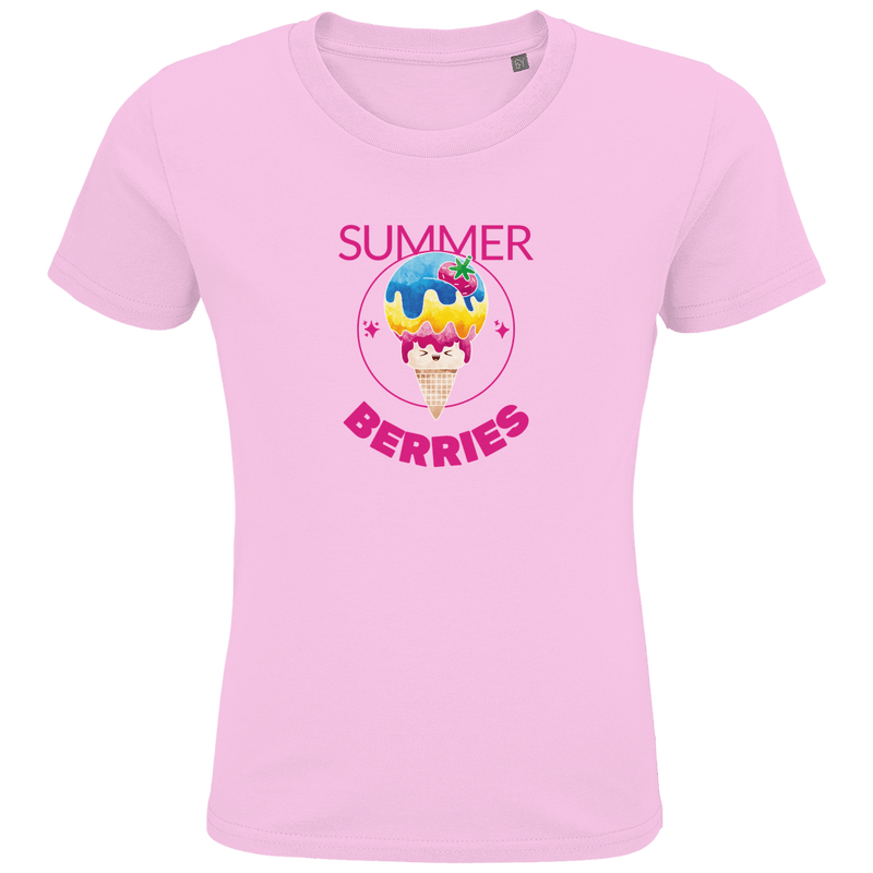 Eine Tüte Eis mit rosa, gelber und blauer Eiscreme und einer Erdbeere als Topping. Drum herum ein dünner Kreis mit Sternen.