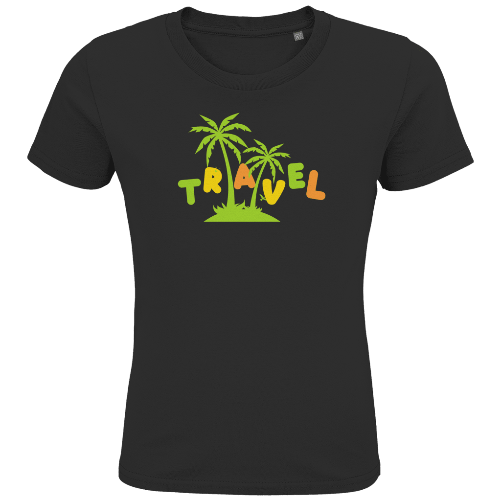 TRAVEL in grüner, gelber und orangefarbener Schrift, hoch und tief versetzt. Zwei Palmen auf einer Insel in der Mitte.