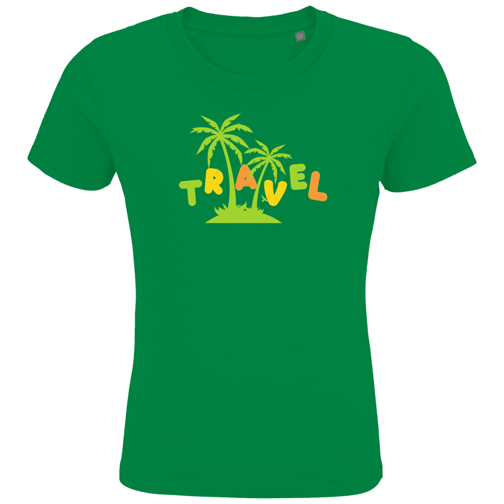 TRAVEL in grüner, gelber und orangefarbener Schrift, hoch und tief versetzt. Zwei Palmen auf einer Insel in der Mitte.