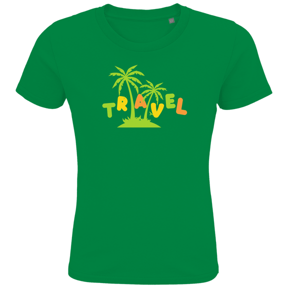 TRAVEL in grüner, gelber und orangefarbener Schrift, hoch und tief versetzt. Zwei Palmen auf einer Insel in der Mitte.