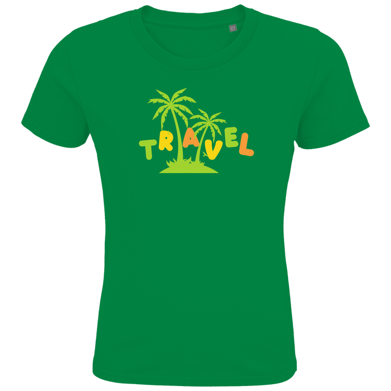 TRAVEL in grüner, gelber und orangefarbener Schrift, hoch und tief versetzt. Zwei Palmen auf einer Insel in der Mitte.