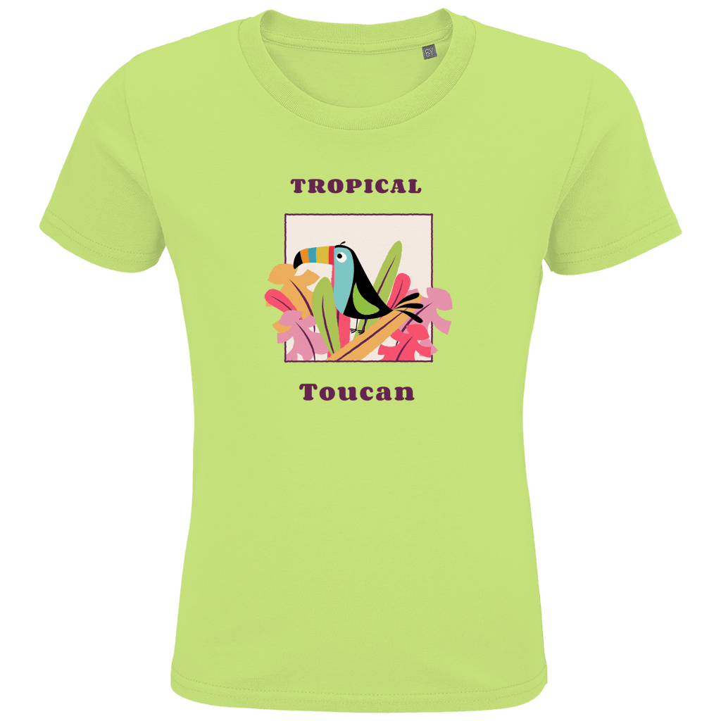 Bunter Toucan sitzt auf bunten Blüten und Blätter in einem Quadrat eingerahmt. Textur des Designs ober- und unterhalb.