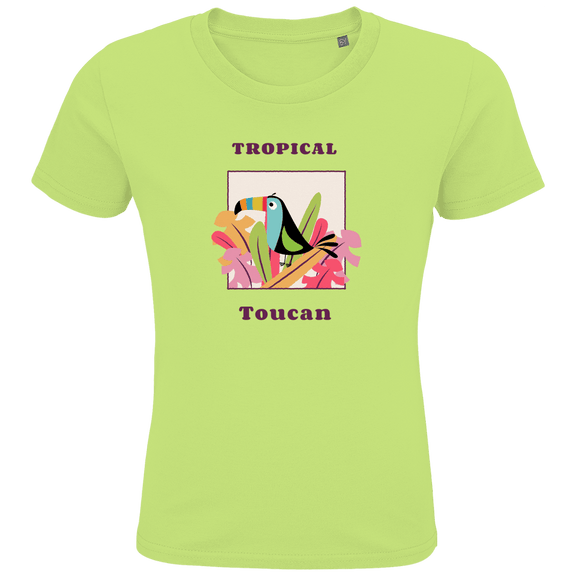 Bunter Toucan sitzt auf bunten Blüten und Blätter in einem Quadrat eingerahmt. Textur des Designs ober- und unterhalb.