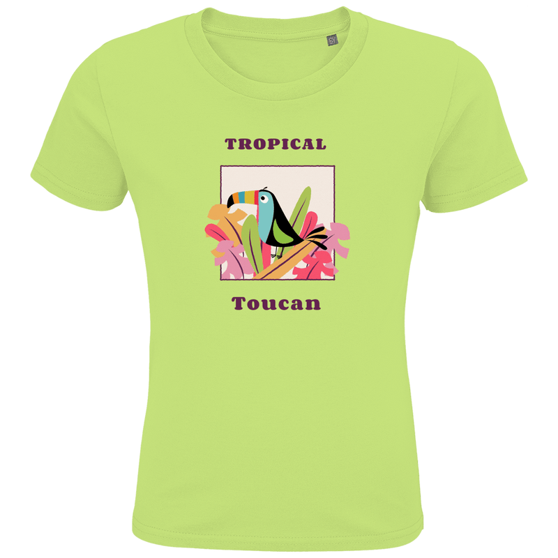 Bunter Toucan sitzt auf bunten Blüten und Blätter in einem Quadrat eingerahmt. Textur des Designs ober- und unterhalb.