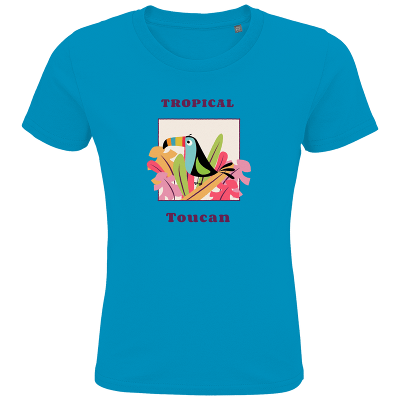 Bunter Toucan sitzt auf bunten Blüten und Blätter in einem Quadrat eingerahmt. Textur des Designs ober- und unterhalb.