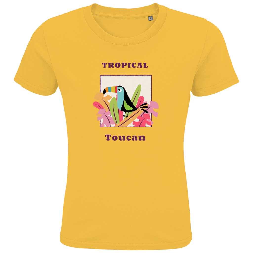 Bunter Toucan sitzt auf bunten Blüten und Blätter in einem Quadrat eingerahmt. Textur des Designs ober- und unterhalb.