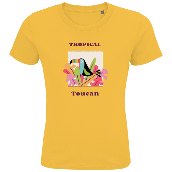 Bunter Toucan sitzt auf bunten Blüten und Blätter in einem Quadrat eingerahmt. Textur des Designs ober- und unterhalb.