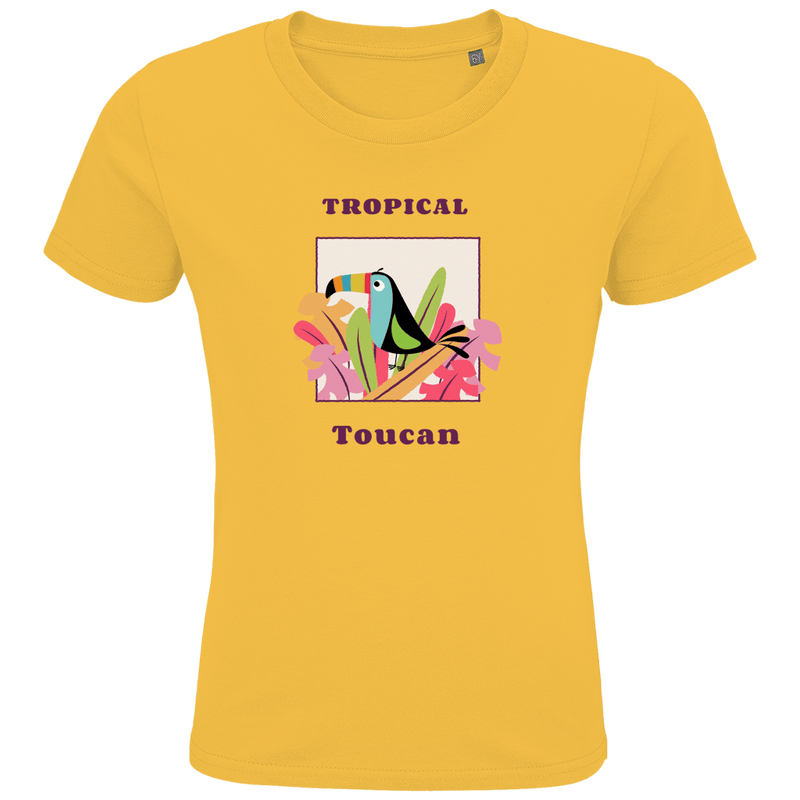 Bunter Toucan sitzt auf bunten Blüten und Blätter in einem Quadrat eingerahmt. Textur des Designs ober- und unterhalb.