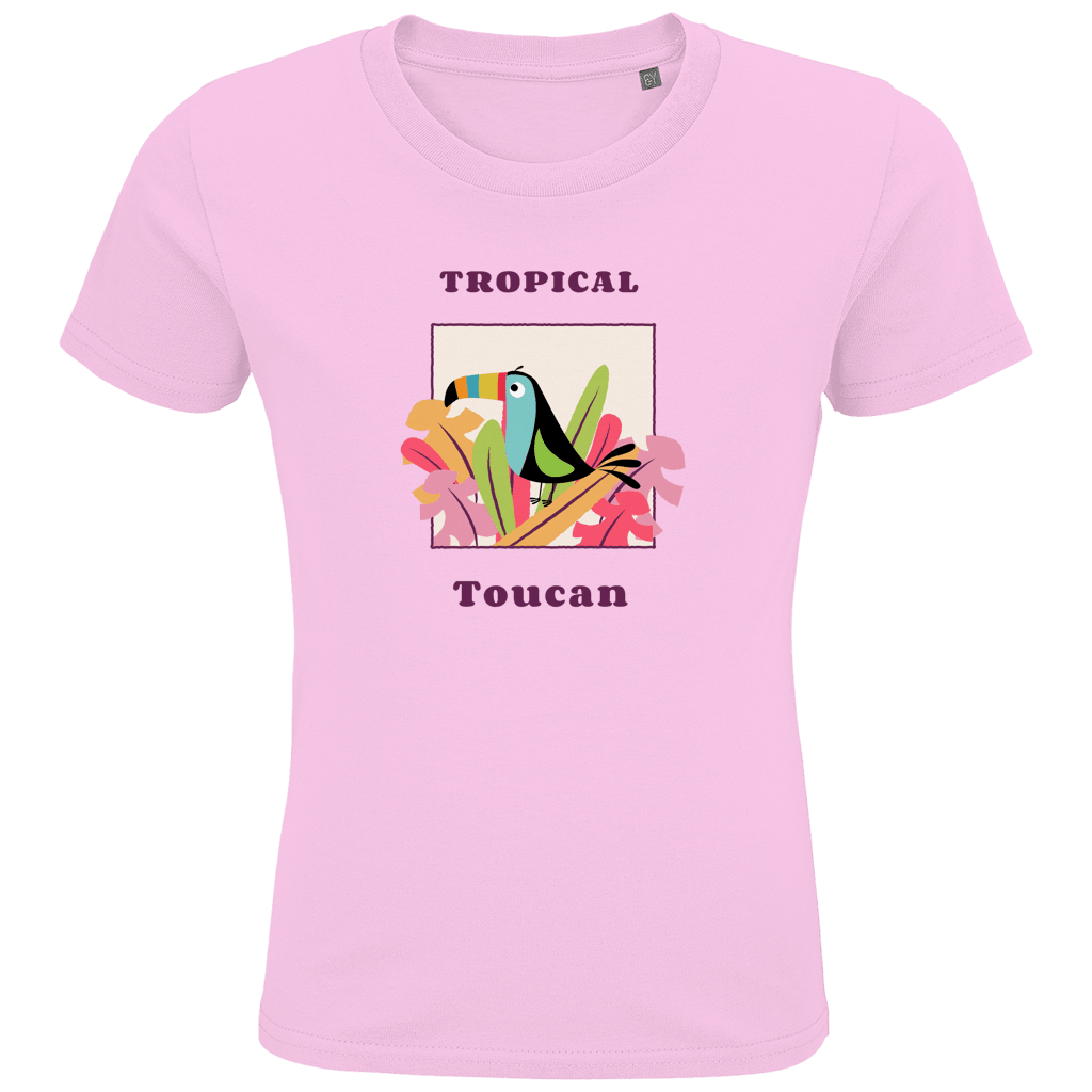 Bunter Toucan sitzt auf bunten Blüten und Blätter in einem Quadrat eingerahmt. Textur des Designs ober- und unterhalb.