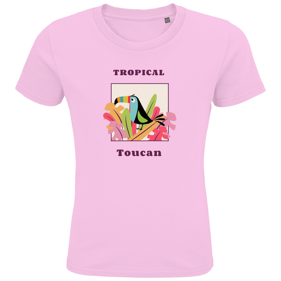 Bunter Toucan sitzt auf bunten Blüten und Blätter in einem Quadrat eingerahmt. Textur des Designs ober- und unterhalb.