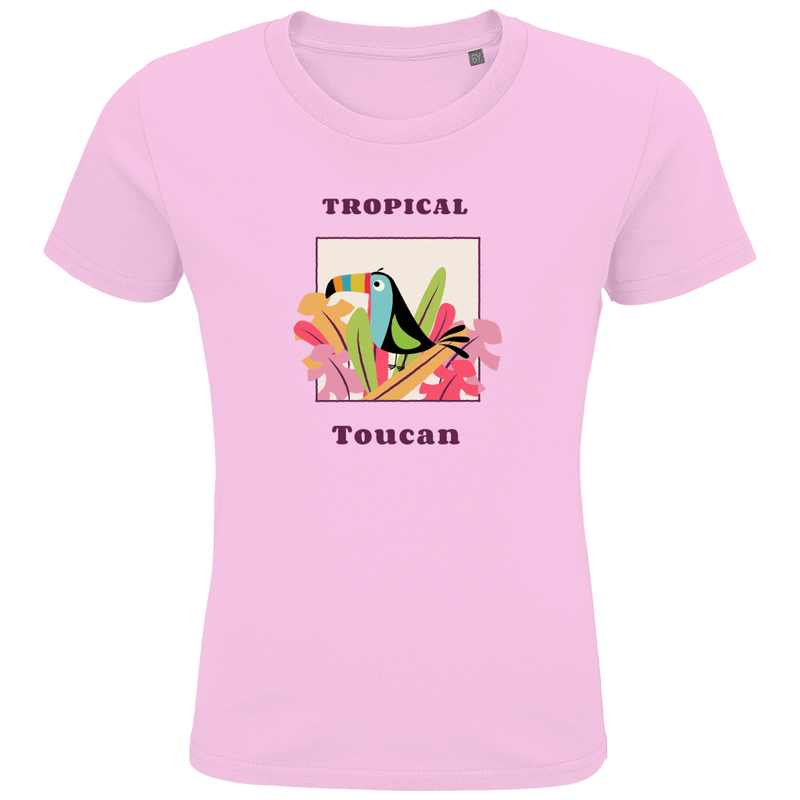 Bunter Toucan sitzt auf bunten Blüten und Blätter in einem Quadrat eingerahmt. Textur des Designs ober- und unterhalb.