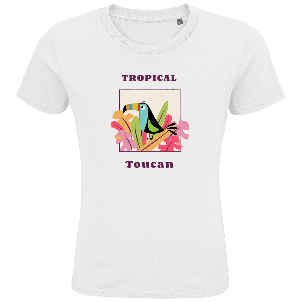 Bunter Toucan sitzt auf bunten Blüten und Blätter in einem Quadrat eingerahmt. Textur des Designs ober- und unterhalb.