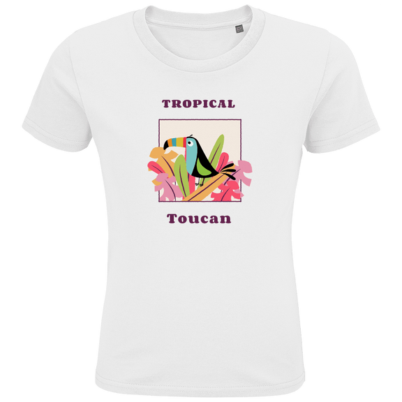 Bunter Toucan sitzt auf bunten Blüten und Blätter in einem Quadrat eingerahmt. Textur des Designs ober- und unterhalb.