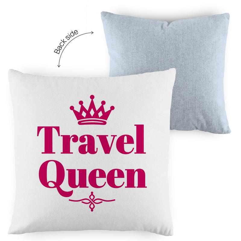 Kissenbezug 40x40 mit TRAVEL QUEEN Print in Pink. Stoff-Farbe: blue-white. Fernweh zum Anfassen? travelprint4U.de
