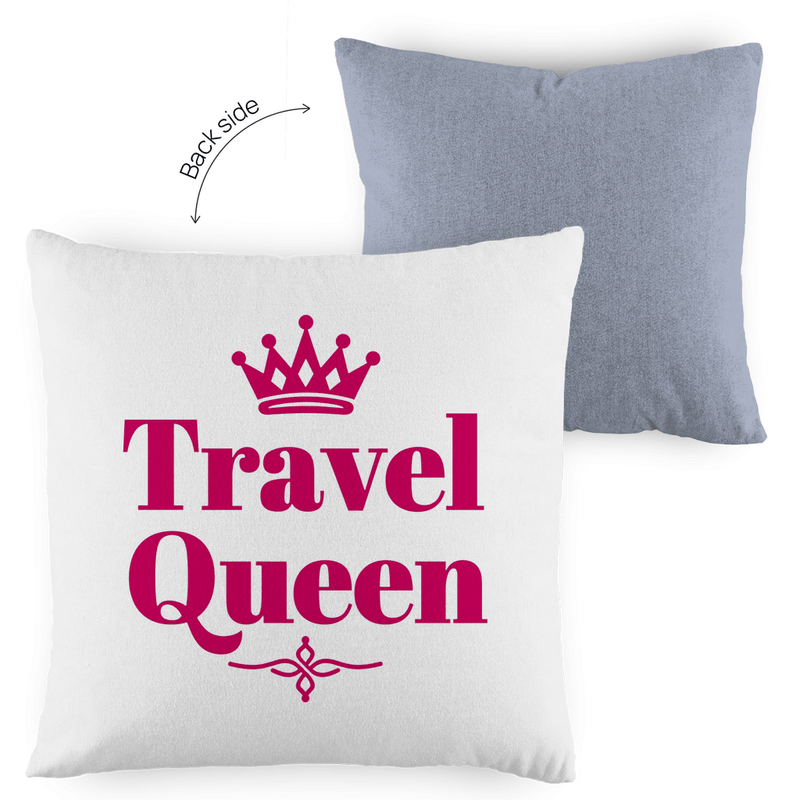 Kissenbezug 40x40 mit TRAVEL QUEEN Print in Pink. Stoff-Farbe: grey-white. Fernweh zum Anfassen? travelprint4U.de