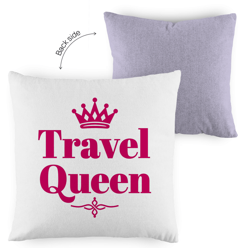 Kissenbezug 40x40 mit TRAVEL QUEEN Print in Pink. Stoff-Farbe: lilac-white. Fernweh zum Anfassen? travelprint4U.de