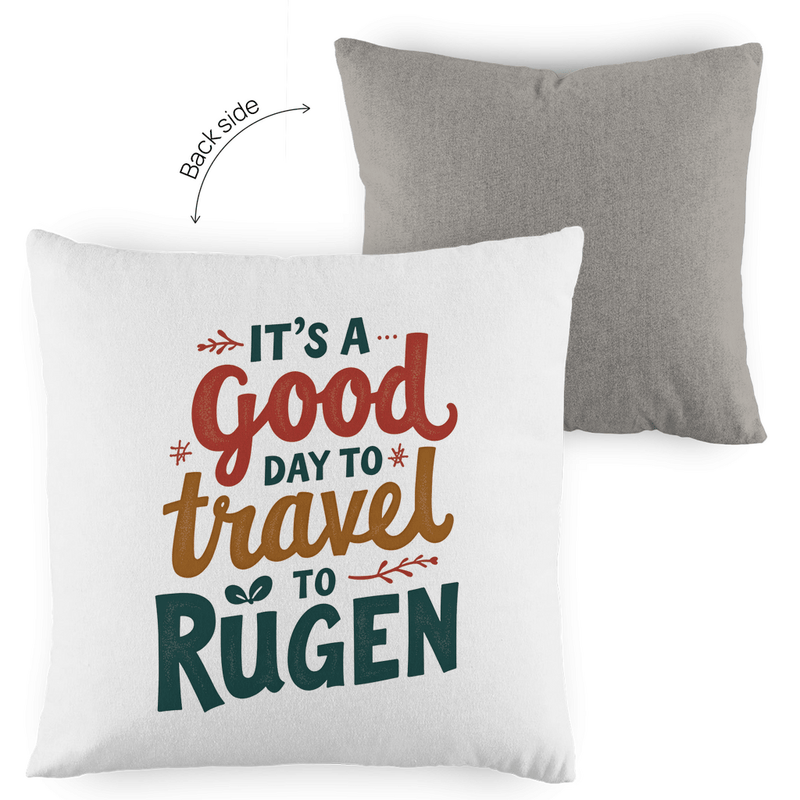 Kissenhülle 40x40 mit A GOOD DAY TO TRAVEL TO RÜGEN Print. Stoff-Farbe: brown-white. Fernweh zum Anfassen? travelprint4U.de
